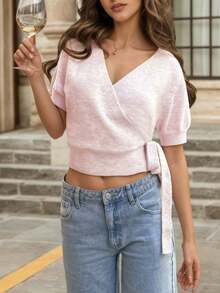 Áo len croptop dệt kim cổ chữ V thắt nơ, dây chéo, kiểu dáng thời trang Âu Mỹ VIBEWAVE dành cho nữ. - Hồng - Xem 2