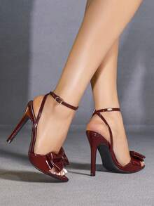 Jin Bei Qi Women's High Heel Shoes, Round Toe, Solid Color Patent Leather, Bow Decor, Strap Criss-Cross Ankle Strap, Open Toe, Outdoor Party Stilettos, Elegant Fashion Women's Shoes, Suitable For All Seasons, Romantic Party Banquet Burgundy High Heels,Spring Summer Outfits - Burgundy - View 4
