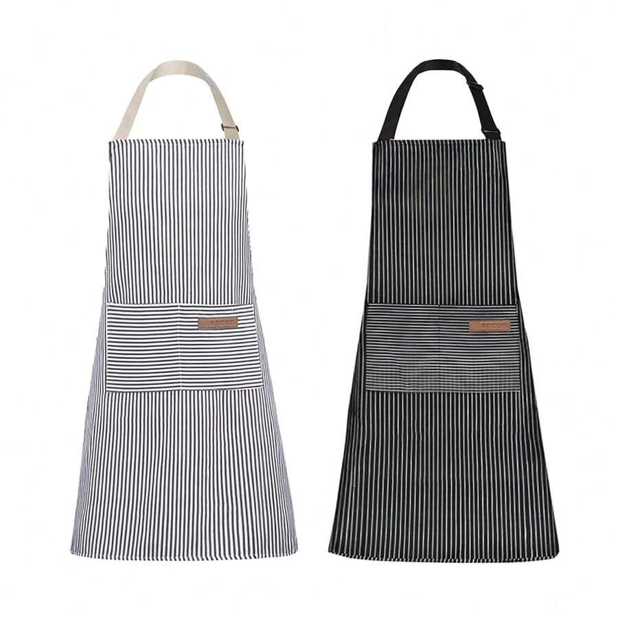 Tosewever 2 Pieces Kitchen CooFKing Aprons, Cotton Polyester Blend Adjustable Bib Aprons With 2 Pockets For Women Men Chef Chef (Navy/Black Stripes, 2) - Navy/FBlacksstripes - View 1