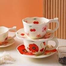 陶瓷咖啡杯碟套装，轻盈奢华的高端餐具，高品质花卉图案 - 彩色 - 查看 3