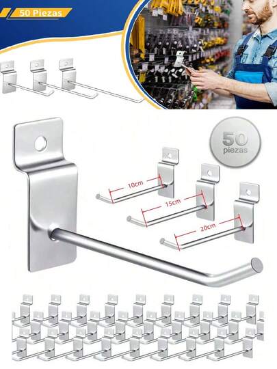 KOKILA 50 Piezas Ganchos para Ranurado,Heavy Duty Panel Display Hooks, Commercial Grade Slat Board Hooks for Panel, Thickness Metal Slatwall Deluxe Hooks for Garage Shop Retail Display,Organizador de Ganchos para Tablero Perforado, Proceso de Pintura al Horno, Ganchos para Listones,Slatwall Hooks,Hangers,Display Hooks,Single Rod Hooks,Slatwall Display Panel Hooks,Perfectly Display Items & Products for Your Room,Garage,Retail Store, Ganchos Negros para Exhibición de Tiendas de Conveniencia, 10cm/15cm/20cm,3.94 in,5.91 in,7.87 in, Silver