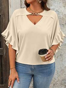 Plus Size Women's Beige Ruffle Sleeve V-Neck Top, Casual Summer Blouse With Metal Chain Hollow Design, Loose Fit Suitable For Daily Cafe, Weekend Brunch And Office Wear, Lightweight Flowing Fabric For Warm Weather - Apricot - View 3