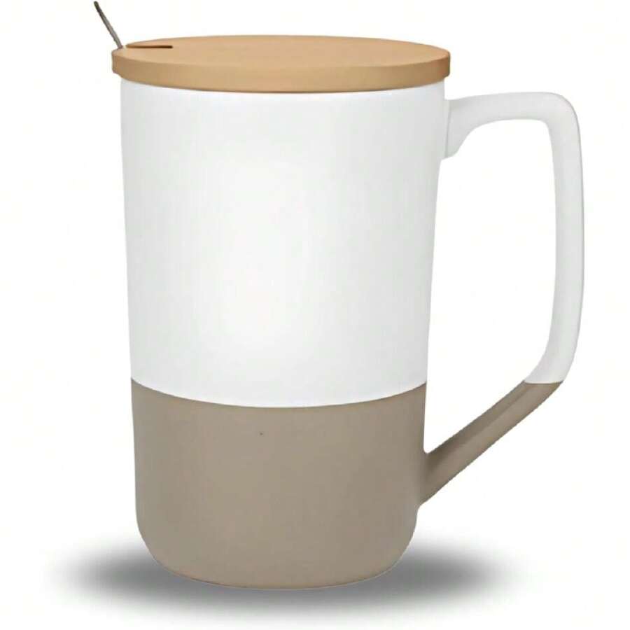 Taza de Cerámica con Tapa de Bambú y Cuchara de Acero Inox. – Set para Café, Té, Espresso o Capuchino, Ideal para Regalo, Gran Capacidad y Diseño Texturizado, 485 ml Blanco,37442453 - Multicolor - Ver 1