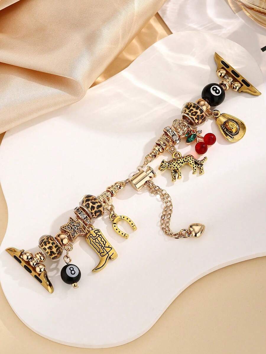 1pc Adjustable Vintage Music Festival Style Leopard Print Cherry 8 Ball Pendant Bracelet, Compatible With Apple Watch 38/40/41/42/44/45/46/49mm SE/Ultra/11/10/9/8/7/6/5/4/3/2/1 Series Women Watch Band Accessory - Gold - View 1