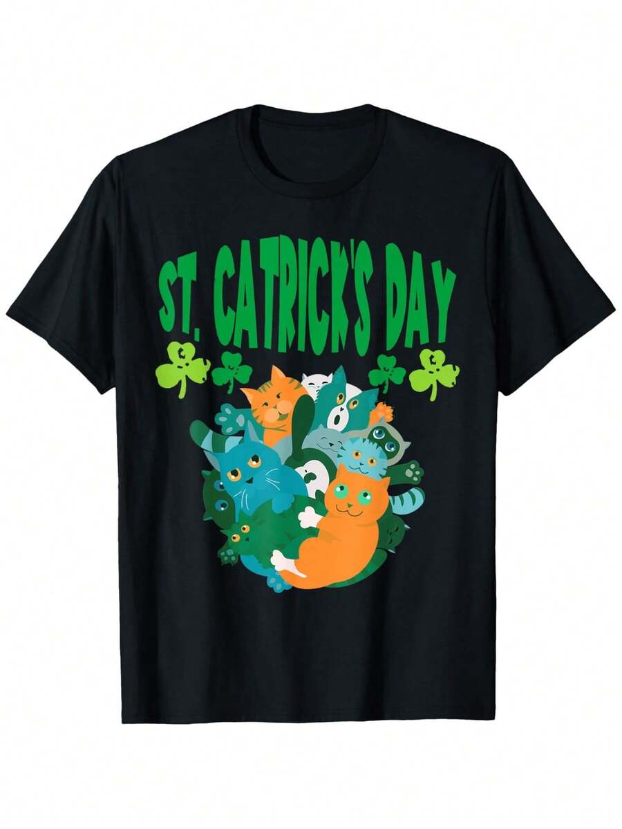 Cat Lover St. Patrick's Day Design - Fun St. Patrick's Day T-Shirt, Summer Casual Comfortable T-Shirt, Fashionable Round Neck Short Sleeve Comfortable Versatile, 100% Cotton, S-XXXL - 黑色 - 查看 1