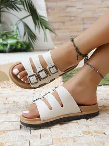3-Strap Non-Slip Easy-Clean Open Toe Thick Sole Casual Flat Sandals - Beige - View 1