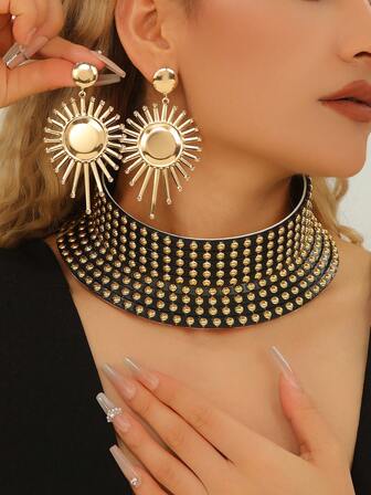 Handgjort läder vintage bohemiskt halsband och örhängen set, överdriven design för kvällsfest, semester, afrikansk och mellanöstern stil