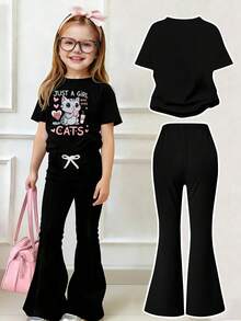 小女孩卡通猫印花短袖T恤搭配修身喇叭裤休闲装 - 黑色 - 查看 2