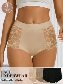 MIOTAN 3条装女士中/高腰蕾丝内裤，自然塑形，透气柔软轻盈，日常穿着 - 彩色 - 查看 1