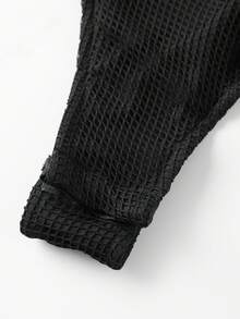 Womens Fishnet Overlay Bodysuit Long Sleeve High Neck Ruched Bodysuit Slim Fit Leotard Tops - Black - View 4