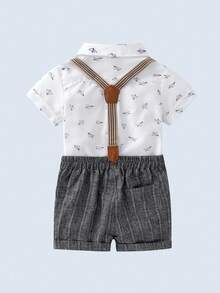 BOARNSEORL 2pcs Baby Boys Gentleman Outfit: Short Sleeve Collared Shirt With Bow Tie And Gray Suspender Shorts, Fashionable & Cute, Suitable For Birthday Party, Banquet, 1st Birthday Ceremony - Grey - View 3