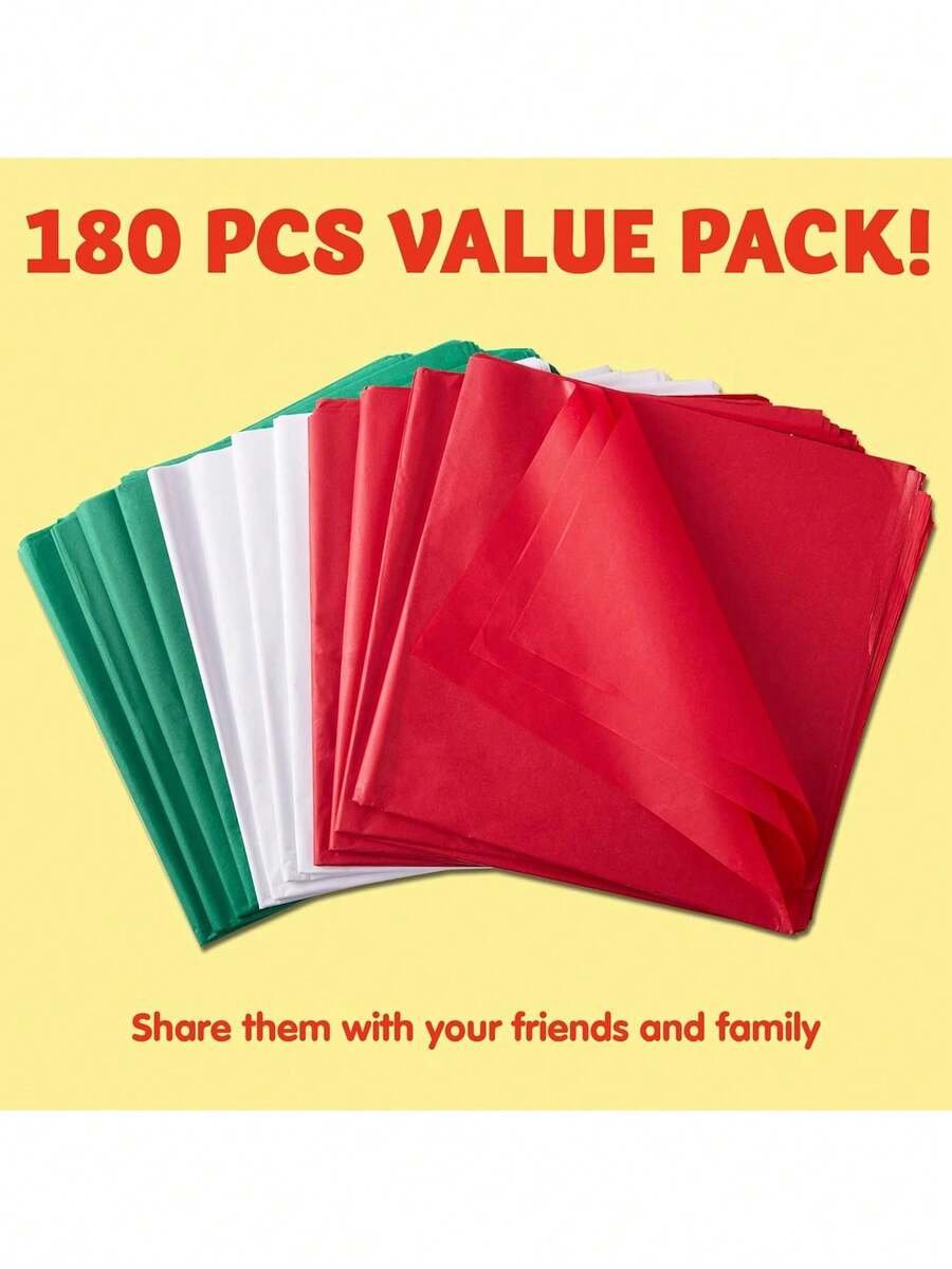 Joiedomi - Surtido de 180 hojas de papel de seda de Navidad de 50,8 x 50,8 cm (rojo, verde y blanco); 60 hojas por color, fácil y rápido regalo para regalos de Navidad y botellas de vino,37414027 - Multicolor - Ver 1