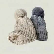 Warm Fur Pompom Thick Plush Cap Beanies Solid Ladies Versatile Ski Snow Skullies Beanies Velvet Hat Winter Twist Knitting Hats - Đỏ - Xem 3