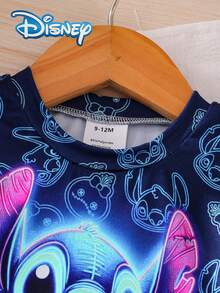 Disney 夏季女婴史迪奇可爱T恤短裤套装，史迪奇卡通图案全印花，弹力面料，适合婴儿日常穿着，精美礼物 - 藍色 - 查看 3