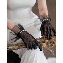 Short Lace Mesh Gloves Tulle Border With Pearls Wedding Opera Tea Party Gloves For Women Formal,OneSize,Black - Black - 查看 4