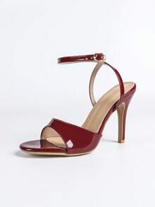 Women's Stiletto Heeled Sandals, Round Toe, Wide Strap With Metal Buckle, Elegant & Fashionable Open Toe, Basic Style For Party, Summer & Autumn - Red - View 14