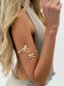 1pc Bohemian Vintage Metal Flower Cuff Bracelet, Minimalist Floral Upper Arm Bracelet, Gold Alloy Armband, Suitable For Women's Daily And Holiday Wear - Flower Arm Bracelet - View 1