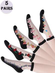 1/5 Pairs Macaron Colored Glass Fiber Spring Style Short Socks - Black - View 5