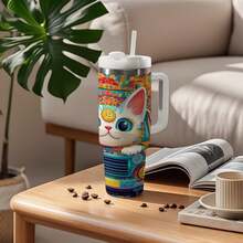 Bitcoin Cat Car Cup - Cute Cryptocurrency Cat Driving Retro Truck Design, 40oz Stainless Steel Insulated Cup With Handle And Straw, Double-Layer Vacuum Insulation, Spill-Proof Lid - Suitable For Home, Office, Gym, Travel - Gift For Bitcoin And Cat Lovers, Fitness Water Bottle, Bright Patterns, Durable Drink Container, Large Capacity Mug, Suitable For Fitness Enthusiasts - 1個 - 查看 8