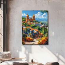 1 pieza de arte mexicano vintage, pintura en lienzo con marco de madera - Arte de pared de iglesias del campo de Morelia, paisaje primaveral vibrante con cúpulas blancas y techos de tejas rojas, decoración de pared interior para sala de estar, dormitorio, cocina, baño - Regalo cultural para el hogar 2D plano - Multicolor - Ver 7