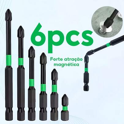 Bits  PH2 Magnético Anti-Impacto - Jogo 6 Peças (25-150mm) em Aço S2 Anti Derrapante com Sextavado 1/4