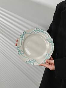 1pc Ins Style Bow Ribbon Ceramic Plate, Handmade Embossed Butterfly Dessert Plate, Elegant Cream Glaze Steak Plate, High Aesthetic Value