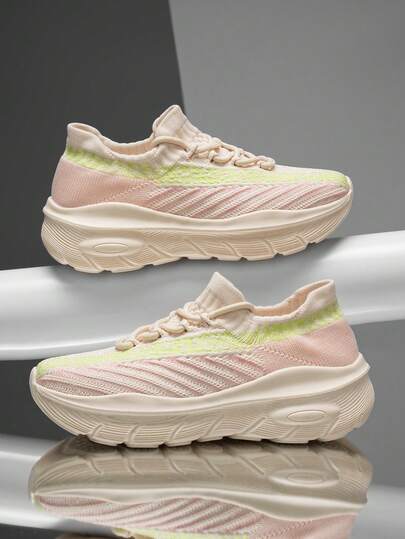 Zapatillas de deporte versátiles de primavera/verano con rayas de contraste de punto y malla, zapatos deportivos casuales cómodos para el uso diario con cordones decorativos, zapatos para parejas