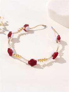 1pc Women's Fashion Elegant Red Rose Flower Hair Clip, Faux Pearl & Leaf Headband, Suitable For Daily Wear And New Year Outfit ,Hair Band,Hair Hoop Head Accessories - Red - View 5
