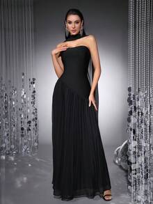 女士优雅纯色针织拼接不对称修身长裙，性感露背荷叶边下摆，适合派对穿着；女士褶皱宽松正式礼服，适合舞会、毕业典礼、明星红毯、舞会等场合，配有围巾；新年派对礼服 - 黑色 - 查看 6