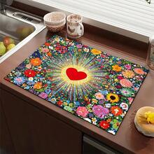 1 pieza Alfombrilla absorbente con estampado floral y de corazones de colores para cafetera, platos - Alfombrilla protectora de escritorio absorbente de poliéster con respaldo de goma antideslizante, para decoración de la encimera de la cocina, bar en casa y mesa de comedor - Multicolor - Ver 6