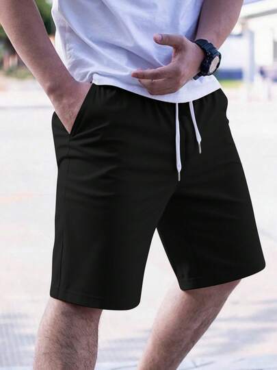 Men's Summer Casual Sports Shorts, Breathable And Comfortable, Drawstring Waist Design, Suitable For Outdoor Activities And Daily Wear, Essential Summer Item Black