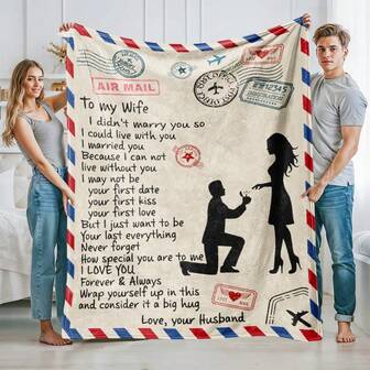 1 pieza Manta de regalo con elemento del Día de San Valentín, silueta de esposo proponiendo a esposa con patrón de sobre con texto, impresión digital en franela, manta versátil para oficina, sala de estar, dormitorio, ligera para camping y viajes