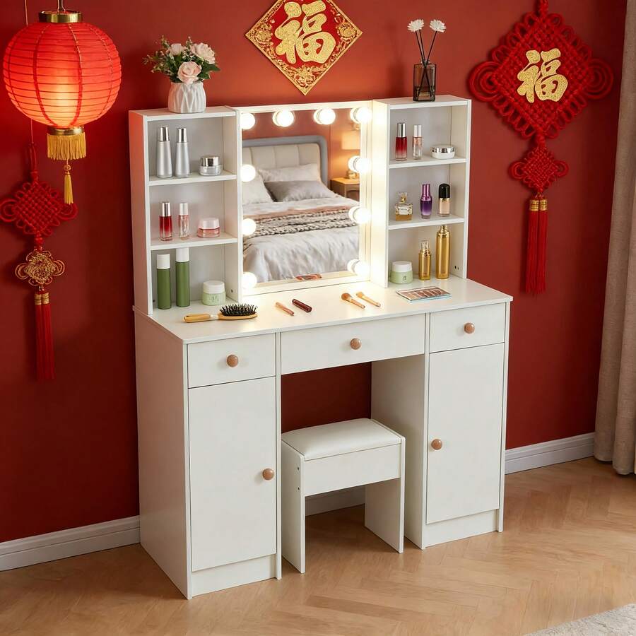 [Christmas Top Gift Choices] Rustic Solid Wood Vanity With Touch-Control Illuminated Mirror & 3 Adjustable Lights! Cosmetic Organizer Trays + Drawer Dividers, Built-In USB Charger, Perfect For Dressing Rooms - 白色 - 查看 1
