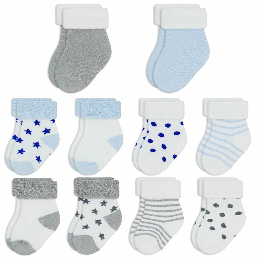 ELUTONG Baby Boys Socks Thick Terry Socks, 10 Pairs (0-3years Old) For Newborn Boys Girls,Cute Warm Ankle Crew Socks Set - 灰+藍(10只裝) - 查看 1