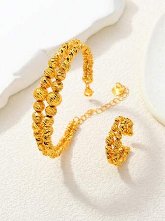 2 piezas Conjunto minimalista chapado en oro - Pulsera con dije de corazón dorado con cuentas y anillo a juego, Conjunto de joyería elegante para mujer, 1 pulsera 1 anillo