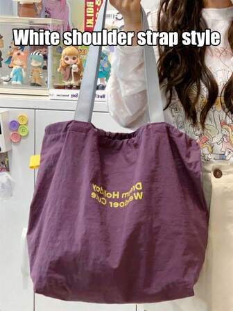 New Large-Capacity Drawstring Canvas Shoulder Bag, Letter Nylon Tote Bag, Commuter Tote Bag, Simple And Stylish Letter Design Shoulder Bag, Shopping Bag, Tote Bag, Casual Style Storage Bag, Storage Bag, Suitable For Commuting, Travel, Picnics, School, New Year's Gift, Back-To-School Gift.