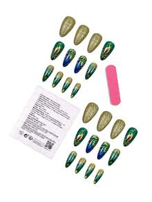 24片春夏蓝孔雀亚克力美甲贴片，绿色甲片，金色闪粉，中号杏仁形，完美贴合假指甲，包含1片果冻胶和1个指甲锉，适合女性和女孩，日常和派对美甲用品 - 彩色 - 查看 4