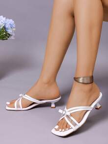 New Fashion Simple Elegant Rhinestone Heart Bow Mesh Criss-Cross Square Toe Chunky Heel Sandals, Slip-On Versatile High Heel Pumps For Women - White - View 2