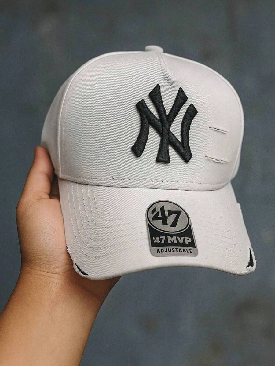 Men's Ripped New York Destroyed NY Baseball Cap With Curved Brim, Unisex Style. - 白色 - 查看 1