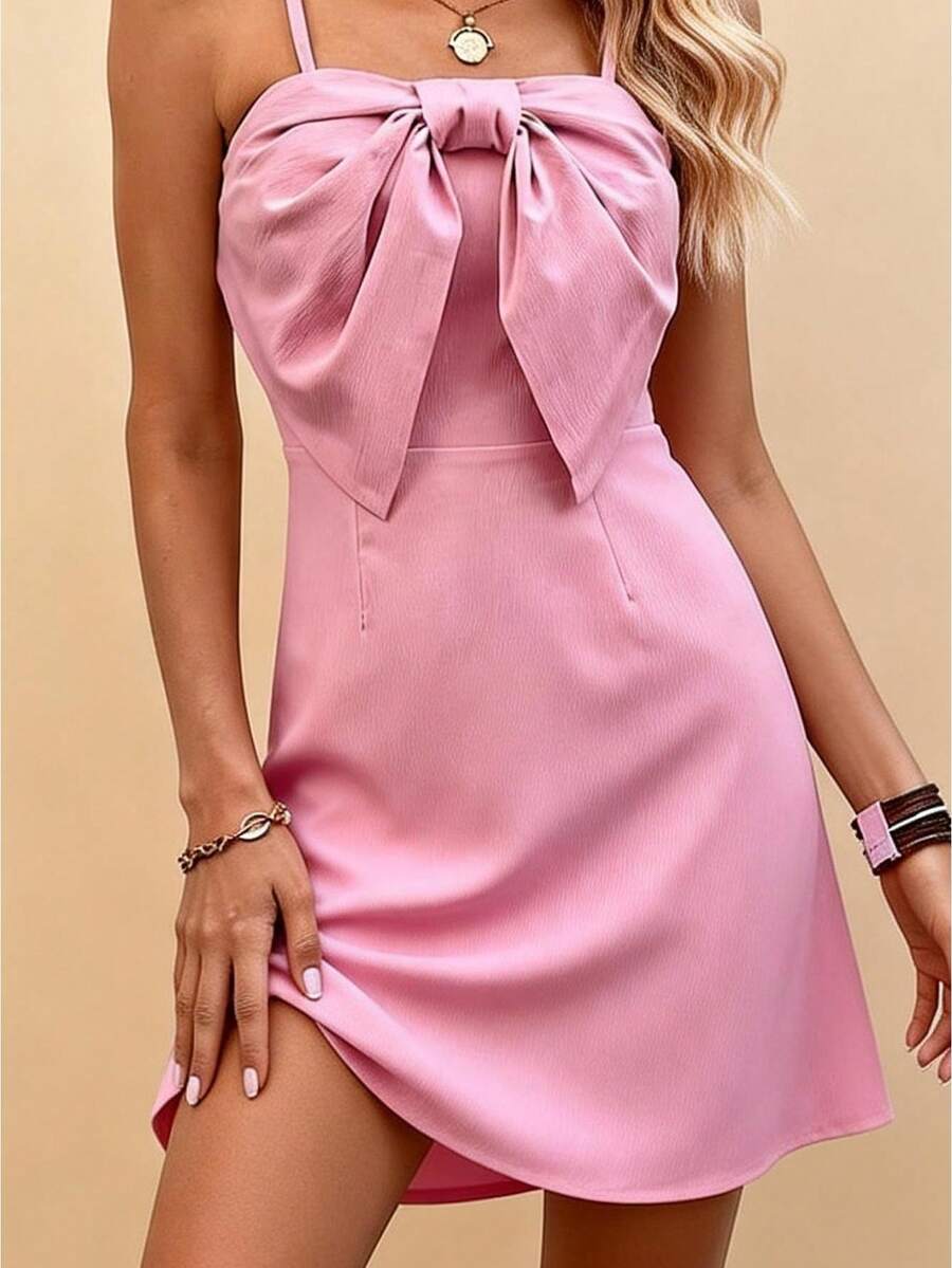 Women's Pink Dress Sleeveless Spaghetti Straps Bow Front A-Line Evening Party Nigth Out Cami Dress - Hồng - Xem 1