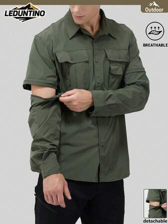 LEDUNTINO [Spring/Summer] Men's Fashion Cargo Button Shirt, Solid Color, Multi-Pocket, Detachable Sleeves, Utility Style, Fashionable And Versatile, Perfect For Outdoor And Commuting, Ideal Gift For Boyfriend Or Husband