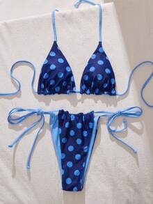 女士复古波点双面蓝色比基尼泳装，夏季套装/沙滩装/生日装/休闲装/Y2K/2000年代/千禧年时尚/优雅/老钱风/街头风/度假装/女孩沙滩装 - 藍色 - 查看 3
