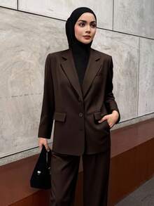 DAZY 2 件套女士商务休闲风格西装套装 Old Money 风格亚麻秋季服装 - 棕色 - 查看 5