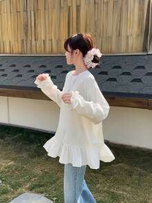 女士甜美荷叶边长袖衬衫，白色宽松中长款上衣，2025秋季新款时尚单品 - 白色 - 查看 3