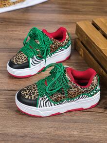 Leopard Print, Green Base, White and Red