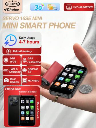 SERVO 16SE Mini Smartphone, Android 9.0, WCDMA Dual SIM, 3G Cellular Network, 3.0" HD Display, 2GB RAM + 16GB ROM, Ultra-Compact Smartphone