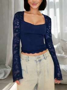 Women Lace Long Sleeve Shirt Top Y2K Square Neck Sheer Mesh See Through Silm Fit T Shirts Crop Tops Spring Fall  Going Out Tops Daily Party Club Streetwear - 藍色 - 查看 1