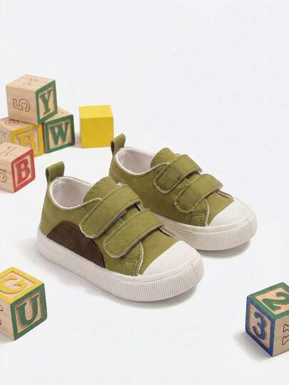 1 Pair New Style Toddler Boys' Green Fashion Minimalist Canvas Sneakers, Double Hook And Loop Fasteners, Round Toe, Soft And Flat Sole, Comfortable, Lightweight, Casual Baby Shoes, Suitable For Daily Outdoor Activities, Daily School Outfits, Park Strolling, Exercise, Weekend Family Outing Outfits, All Seasons