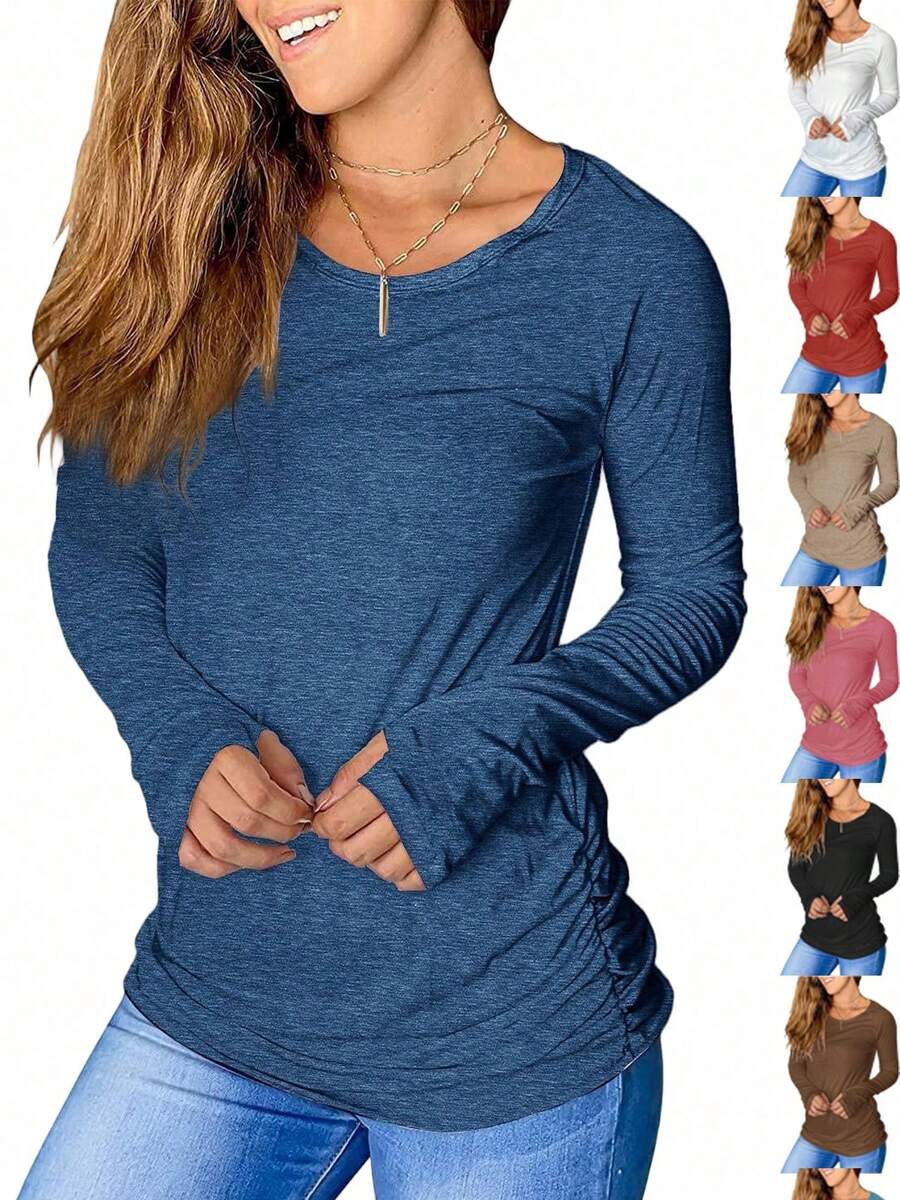 Women's Thumb Hole T-Shirt Long Sleeve Crew Neck Plain Shirts Casual Ruched Tee Tops - Màu xanh hải quân - Xem 1