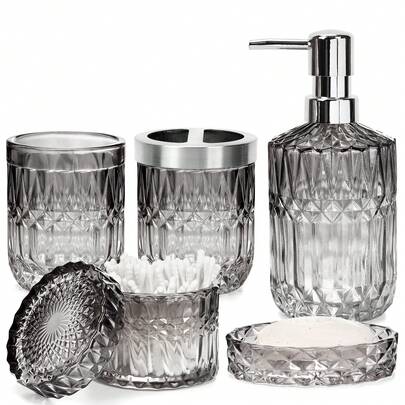 5Pcs Glass Bathroom Accessories Set, Includes Soap Dispenser, Soap Dish, Toothbrush Holder, Tumbler & Cotton Swab Jar, Complete Bath Organizer